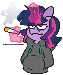 Size: 4268x5115 | Tagged: safe, artist:threetwotwo32232, twilight sparkle, alicorn, pony, g4, cigarette, clothes, female, glowing, glowing horn, horn, magic, magic aura, mare, simple background, smoking, solo, sweater, telekinesis, transparent background