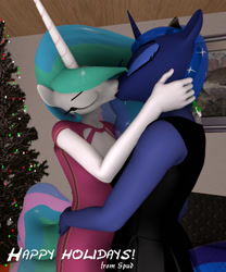Size: 899x1080 | Tagged: safe, artist:spud, princess celestia, princess luna, anthro, g4, 3d, butt touch, christmas, christmas tree, duo, female, holiday, incest, kiss on the lips, kissing, lesbian, mistletoe, royal sisters, ship:princest, shipping, siblings, sisters, source filmmaker, tree, wingless alicorn