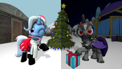 Size: 640x360 | Tagged: safe, artist:ask-the-luna-knight, trixie, oc, bat pony, pony, unicorn, g4, 3d, candy, candy cane, christmas, christmas tree, female, food, holiday, mare, present, source filmmaker, stage, tree