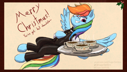 Size: 5000x2813 | Tagged: safe, artist:sugardotxtra, rainbow dash, pegasus, pony, g4, bowtie, chocolate, christmas, christmas card, clothes, food, holiday, holly, hot chocolate, looking at you, suit