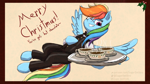 Size: 5000x2813 | Tagged: safe, artist:sugardotxtra, rainbow dash, pegasus, bowtie, chocolate, christmas, christmas card, clothes, food, holiday, holly, hot chocolate, looking at you, suit