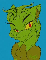 Size: 2550x3300 | Tagged: safe, artist:mychelle, pony, blue background, crossover, fluffy, grainy, high res, how the grinch stole christmas, male, ponified, rule 85, simple background, smiling, smirk, solo, stallion, the grinch
