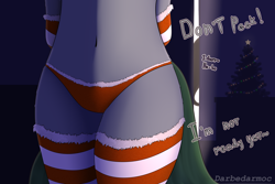 Size: 3072x2048 | Tagged: safe, alternate version, artist:darbedarmoc, oc, oc:minerva, anthro, arm behind back, christmas, christmas lights, christmas stocking, christmas tree, clothes, high res, holiday, legs together, panties, peeking, socks, solo, standing, striped socks, tail, tree, underwear