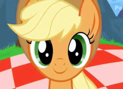 Size: 575x413 | Tagged: safe, artist:misterdavey, applejack, earth pony, pony, smile hd, g4, applebetes, bust, cute, looking at you, moments before disaster, portrait, smiling, solo, too dumb to live