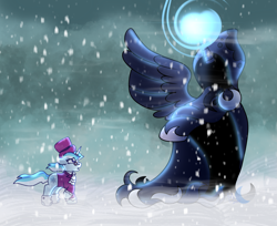 Size: 2515x2048 | Tagged: safe, artist:bluemoon, princess luna, snowfall frost, spirit of hearth's warming yet to come, alicorn, pony, unicorn, a hearth's warming tail, g4, duo, high res, magic, snow, snowfall