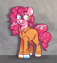 Size: 1000x1105 | Tagged: safe, artist:cometiny, pinkie pie, earth pony, pony, g4, alternate hairstyle, clothes, heterochromia, jumpsuit, never doubt rainbowdash69's involvement, prison outfit, prisoner pp, solo