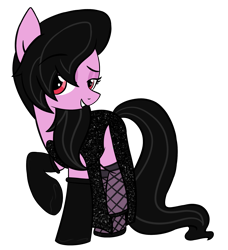 Size: 1730x1900 | Tagged: safe, artist:panzerbutt, oc, oc only, oc:fraulina, earth pony, pony, 2023 community collab, derpibooru community collaboration, black clothes, black dress, black mane, clothes, dress, female, fishnet stockings, gloves, horseshoes, long mane, long tail, mare, purple coat, raised hoof, red eyes, simple background, socks, solo, sparkling dress, stockings, tail, thigh highs, transparent background