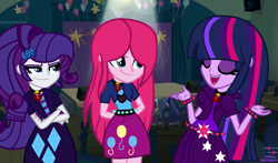 Size: 1123x661 | Tagged: safe, artist:kingbases, artist:speedpaintjayvee12, pinkie pie, rarity, twilight sparkle, human, equestria girls, g4, alternate clothes, alternate hairstyle, base used, clothes, crossed arms, cutie mark on clothes, eyelashes, eyes closed, eyeshadow, gem, hand behind back, makeup, pinkamena diane pie, role reversal, screencap background, siren gem, spiked belt, spiked wristband, the dazzlings, trio focus, wristband