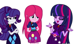 Size: 1123x661 | Tagged: safe, alternate version, artist:kingbases, artist:speedpaintjayvee12, pinkie pie, rarity, twilight sparkle, human, equestria girls, g4, alternate clothes, alternate hairstyle, base used, clothes, crossed arms, cutie mark on clothes, eyelashes, eyes closed, eyeshadow, female, gem, hand behind back, makeup, pinkamena diane pie, role reversal, simple background, siren gem, spiked belt, spiked wristband, the dazzlings, trio, trio female, wristband