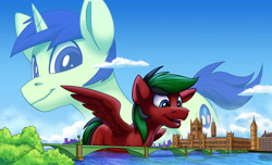 Size: 2000x1214 | Tagged: safe, artist:tsitra360, oc, oc only, oc:crimson fall, oc:kosmos, pegasus, pony, unicorn, big ben, bridge, city, commission, giant pony, london, macro, male, open mouth, palace, palace of westminster, river, size difference, spread wings, stallion, water, wings