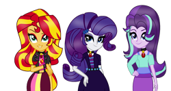 Size: 1635x870 | Tagged: safe, alternate version, artist:kingbases, artist:speedpaintjayvee12, rarity, starlight glimmer, sunset shimmer, human, equestria girls, g4, alternate clothes, alternate hairstyle, base used, clothes, cutie mark on clothes, eyelashes, eyeshadow, female, gem, makeup, role reversal, simple background, siren gem, the dazzlings, transparent background, trio, trio female