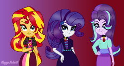 Size: 1635x870 | Tagged: safe, alternate version, artist:kingbases, artist:speedpaintjayvee12, rarity, starlight glimmer, sunset shimmer, human, equestria girls, g4, alternate clothes, alternate hairstyle, base used, clothes, cutie mark on clothes, eyelashes, eyeshadow, female, gem, makeup, role reversal, siren gem, the dazzlings, trio, trio female