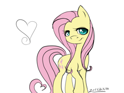 Size: 2000x1500 | Tagged: safe, artist:zeffdakilla, fluttershy, earth pony, pony, g4, ahoge, cute, heart, heart ahoge, looking sideways, race swap, raised hoof, shyabetes, simple background, smiling, solo, standing, white background, wingless