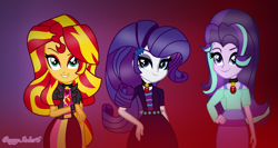Size: 1635x870 | Tagged: safe, alternate version, artist:kingbases, artist:speedpaintjayvee12, rarity, starlight glimmer, sunset shimmer, human, equestria girls, g4, alternate clothes, alternate hairstyle, base used, clothes, cutie mark on clothes, eyelashes, eyeshadow, female, gem, hand on hip, makeup, role reversal, siren gem, the dazzlings, trio, trio female