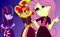 Size: 1153x720 | Tagged: safe, alternate version, artist:dothys-bases, artist:speedpaintjayvee12, fluttershy, sunset shimmer, twilight sparkle, human, equestria girls, g4, alternate clothes, alternate hairstyle, base used, clothes, crossed arms, cutie mark on clothes, eyeshadow, female, gem, hand on hip, makeup, role reversal, siren gem, the dazzlings, trio, trio female