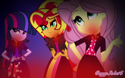 Size: 1153x720 | Tagged: safe, alternate version, artist:dothys-bases, artist:speedpaintjayvee12, fluttershy, sunset shimmer, twilight sparkle, human, equestria girls, g4, alternate clothes, alternate hairstyle, base used, clothes, crossed arms, cutie mark on clothes, female, gem, glowing, hand on hip, role reversal, siren gem, the dazzlings, trio, trio female