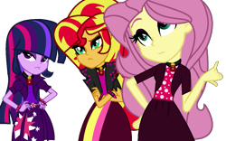 Size: 1153x720 | Tagged: safe, alternate version, artist:dothys-bases, artist:speedpaintjayvee12, fluttershy, sunset shimmer, twilight sparkle, human, equestria girls, g4, alternate clothes, alternate hairstyle, base used, clothes, crossed arms, cutie mark on clothes, eyeshadow, female, gem, hand on hip, makeup, simple background, siren gem, the dazzlings, transparent background, trio, trio female