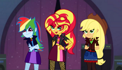 Size: 1383x791 | Tagged: safe, alternate version, artist:kingbases, artist:speedpaintjayvee12, applejack, rainbow dash, sunset shimmer, human, equestria girls, g4, alternate clothes, alternate hairstyle, applejack's hat, base used, clothes, cowboy hat, crossed arms, cutie mark on clothes, eyeshadow, female, gem, hand behind back, hand on hip, hat, makeup, role reversal, siren gem, the dazzlings, trio, trio female