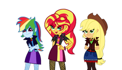Size: 1383x791 | Tagged: safe, alternate version, artist:kingbases, artist:speedpaintjayvee12, applejack, rainbow dash, sunset shimmer, human, equestria girls, g4, alternate clothes, alternate hairstyle, applejack's hat, base used, clothes, cowboy hat, crossed arms, cutie mark on clothes, eyeshadow, female, gem, hand behind back, hand on hip, hat, makeup, role reversal, simple background, siren gem, the dazzlings, transparent background, trio, trio female