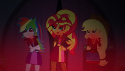 Size: 1383x791 | Tagged: safe, alternate version, artist:kingbases, artist:speedpaintjayvee12, applejack, rainbow dash, sunset shimmer, human, equestria girls, g4, alternate clothes, alternate hairstyle, applejack's hat, base used, clothes, cowboy hat, crossed arms, cutie mark on clothes, eyeshadow, female, gem, glowing, hand behind back, hand on hip, hat, makeup, role reversal, siren gem, the dazzlings, trio, trio female