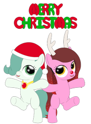 Size: 2100x2850 | Tagged: safe, artist:tenebris, oc, oc only, oc:cherry bottom, oc:emerald jewel, earth pony, pony, colt quest, antlers, christmas, colt, earth pony oc, femboy, foal, hat, high res, holiday, male, merry christmas, santa hat, simple background, transparent background