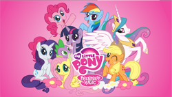 Size: 1162x660 | Tagged: safe, artist:daylightsketch, applejack, fluttershy, pinkie pie, princess celestia, rainbow dash, rarity, spike, twilight sparkle, alicorn, earth pony, pegasus, pony, unicorn, g4, .svg available, flower, folded wings, group photo, mane six, mane six opening poses, my little pony logo, one eye closed, raised hoof, spread wings, stock vector, svg, unicorn twilight, vector, wings, wink