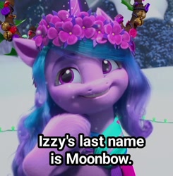 Size: 1058x1080 | Tagged: safe, edit, edited screencap, screencap, izzy moonbow, pony, unicorn, g5, my little pony: make your mark, my little pony: make your mark chapter 3, winter wishday, spoiler:g5, spoiler:winter wishday, 3d, captain obvious, clothes, fake antlers, female, floral head wreath, flower, grin, mare, scarf, smiling, snow, solo, truth, winter outfit, yes, you don't say