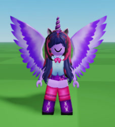 Size: 447x492 | Tagged: safe, twilight sparkle, alicorn, equestria girls, g4, catalog avatar creator, grass, horn, large wings, roblox, sky, smiling, twilight sparkle (alicorn), wings
