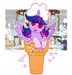 Size: 1887x1965 | Tagged: safe, artist:twilightbaby2020, derpy hooves, twilight sparkle, alicorn, pony, base used, christmas, christmas lights, colored pupils, cute, female, food, holiday, ice cream, ice cream cone, mare, open mouth, open smile, ponies in food, smiling, solo focus, spread wings, twiabetes, twilight sparkle (alicorn), wings