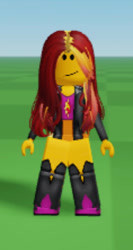 Size: 236x443 | Tagged: safe, sunset shimmer, equestria girls, g4, catalog avatar creator, grass, horn, roblox, sky, smiling