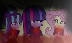 Size: 1192x714 | Tagged: safe, alternate version, artist:speedpaintjayvee12, fluttershy, starlight glimmer, twilight sparkle, human, equestria girls, g4, alternate clothes, alternate hairstyle, crossed arms, eyeshadow, female, gem, glowing, hand on hip, makeup, role reversal, screencap background, siren gem, the dazzlings, trio, trio female