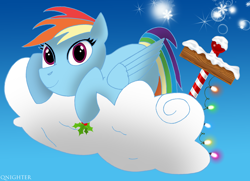 Size: 2050x1487 | Tagged: safe, artist:qnighter, rainbow dash, pegasus, pony, g4, blue sky, christmas, cloud, female, hearth's warming eve, holiday, holly, hoof hold, lights, looking at you, lying down, lying on a cloud, mare, merry christmas, on a cloud, sky, snow, snowflake, solo
