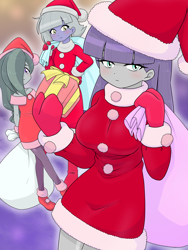 Size: 1668x2224 | Tagged: safe, artist:batipin, limestone pie, marble pie, maud pie, human, equestria girls, g4, breasts, busty maud pie, christmas, clothes, costume, equestria girls-ified, female, gloves, hat, holiday, santa costume, santa hat