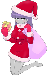 Size: 1668x2687 | Tagged: safe, alternate version, artist:batipin, maud pie, human, equestria girls, g4, barefoot, breasts, busty maud pie, christmas, clothes, costume, feet, female, gloves, hat, holiday, santa costume, santa hat, simple background, solo, transparent background