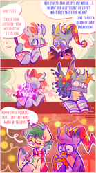 Size: 1116x2010 | Tagged: safe, artist:sockiepuppetry, gallus, ocellus, sandbar, changedling, changeling, earth pony, griffon, pony, g4, 3 panel comic, baking, book, bowl, christmas changeling, clothes, comic, cookie, dialogue, faic, female, food, love, male, pudding face, scarf, speech bubble, spread wings, trio, vomit, wings