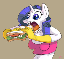 Size: 1024x942 | Tagged: safe, artist:docwario, rarity, unicorn, anthro, g4, clothes, daisy sandwich, evening gloves, food, gloves, herbivore, long gloves, majestic as fuck, midriff, open mouth, sandwich, solo, tank top, tomato, wat