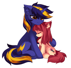 Size: 2371x2259 | Tagged: safe, artist:airiniblock, oc, oc only, oc:airi, oc:vajr, bat pony, pony, unicorn, 2023 community collab, derpibooru community collaboration, bat pony oc, duo, ear fluff, female, high res, horn, male, oc x oc, shipping, simple background, straight, transparent background, unicorn oc, vairi