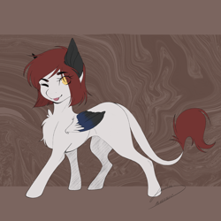 Size: 3000x3000 | Tagged: safe, artist:lunciakkk, oc, oc:shilly, pegasus, pony, abstract background, commission, high res, looking at you, one eye closed, slender, thin, tongue out, wink, winking at you