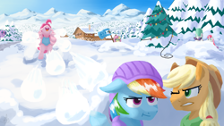 Size: 3840x2160 | Tagged: safe, artist:swordsmen, applejack, fluttershy, pinkie pie, rainbow dash, rarity, sweetie belle, twilight sparkle, earth pony, pegasus, pony, unicorn, g4, alps, christmas, christmas tree, clothes, flag, forest, high res, holiday, house, houses, mountain, mountain range, pine tree, snow, snow fort, snowball, snowball fight, surrender, tree, winter