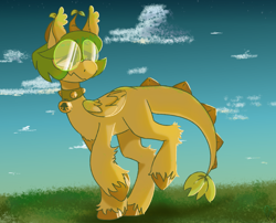 Size: 1500x1210 | Tagged: safe, artist:pagophasia, derpibooru exclusive, oc, oc only, oc:hortis culture, hybrid, pony, cloud, collar, ear tufts, full body, glasses, grass, horns, leaf, looking sideways, nonbinary, round glasses, smiling, solo, stars, sunset, unshorn fetlocks, walking, wings