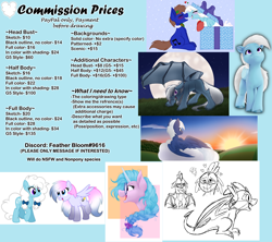 Size: 5500x4887 | Tagged: safe, artist:feather_bloom, oc, oc:blue_skies, oc:feather bloom(fb), oc:feather_bloom, oc:sweet beat, alicorn, bat pony, dragon, earth pony, pegasus, pony, g5, absurd resolution, advertisement, commission, commission info, price sheet, updated