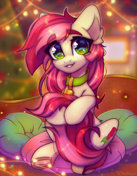 Size: 1887x2419 | Tagged: safe, alternate version, artist:radioaxi, roseluck, earth pony, pony, g4, christmas, christmas tree, collar, commission, commissioner:doom9454, cute, female, garland, high res, holiday, hug, mare, pet tag, pony pet, rosepet, solo, tail, tail hug, tree