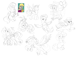 Size: 8000x6000 | Tagged: safe, artist:wownamesarehard, derpibooru exclusive, derpy hooves, discord, fluttershy, philomena, pinkie pie, princess celestia, sunny starscout, twilight sparkle, windy, zipp storm, alicorn, draconequus, earth pony, pegasus, phoenix, pony, g4, g4.5, g5, my little pony: a new generation, my little pony: pony life, my little pony: tell your tale, the comet section, the last problem, spoiler:g5, spoiler:my little pony: a new generation, spoiler:my little pony: tell your tale, spoiler:pony life s02e03, absurd resolution, clothes, crystal, dress, earth pony crystal, female, group, male, mare, monochrome, musical instrument, older, older twilight, older twilight sparkle (alicorn), pegasus crystal, princess twilight 2.0, race swap, saxophone, screencap reference, simple background, sketch, sketch dump, sunnycorn, twilight sparkle (alicorn), unicorn crystal, unity crystals, white background