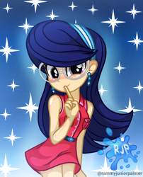 Size: 2015x2490 | Tagged: safe, artist:rjp.rammy, oc, oc only, oc:evalina latina, human, equestria girls, g4, blushing, clothes, cute, dress, female, glasses, high res, looking at you, meganekko, ocbetes, shhh, sleeveless, smiling, smiling at you, solo