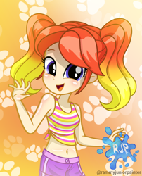 Size: 2015x2490 | Tagged: safe, artist:rjp.rammy, oc, oc only, oc:viona buns, human, equestria girls, g4, belly button, cute, female, high res, looking at you, midriff, ocbetes, open mouth, open smile, sleeveless, smiling, smiling at you, solo