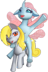 Size: 1652x2463 | Tagged: safe, artist:rainofbladess, ocellus, oc, oc:lightning rider, changedling, changeling, pegasus, pony, 2023 community collab, derpibooru community collaboration, g4, changelings riding ponies, duo, female, happy, looking at you, male, not derpy, ocellus riding oc, open mouth, ponies riding ponies, riding, riding a pony, simple background, smiling, spread wings, tongue out, transparent background, waving, wings