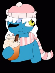 Size: 1200x1600 | Tagged: safe, artist:void-0f-eyes, oc, oc only, oc:fleurbelle, alicorn, pony, alicorn oc, black background, clothes, coffee, drink, female, food, hat, horn, latte, mare, scarf, simple background, solo, striped scarf, wings, yellow eyes