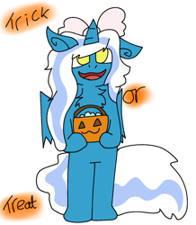 Size: 1364x1561 | Tagged: safe, artist:flurryc, oc, oc only, oc:fleurbelle, alicorn, semi-anthro, alicorn oc, arm hooves, bow, cute, female, hair bow, halloween, holiday, horn, mare, pumpkin bucket, solo, trick or treat, wings, yellow eyes