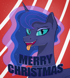 Size: 1250x1389 | Tagged: safe, artist:brehnya, nightmare moon, princess luna, alicorn, pony, g4, bust, christmas, collaboration, female, flowing mane, grin, holiday, horn, looking at you, open mouth, portrait, smiling, smiling at you, solo, tongue out