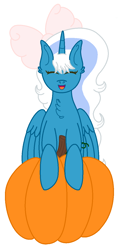Size: 618x1312 | Tagged: safe, artist:sina142, oc, oc only, oc:fleurbelle, alicorn, pony, alicorn oc, bow, chest fluff, female, hair bow, happy, horn, mare, pumpkin, simple background, sitting, solo, white background, wings